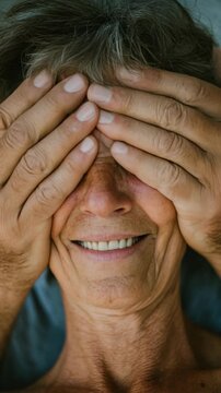 Smiling Elderly Man with Hands Covering Eyes