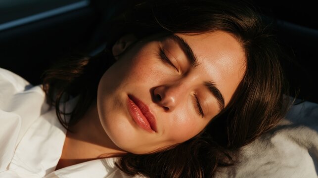 A young woman sleeping peacefully in a car creates a calm travel lifestyle visual emphasizing comfort, rest, and modern transportation.