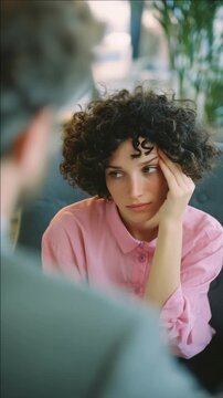 Thoughtful woman with curly hair in a pink shirt at an outdoor cafe