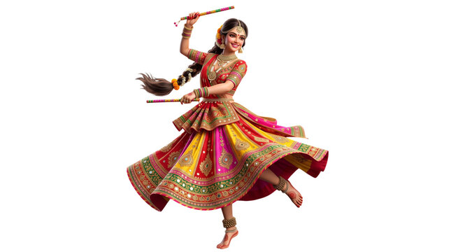 Woman performing garba dance with dandiya sticks isolated on transparent background