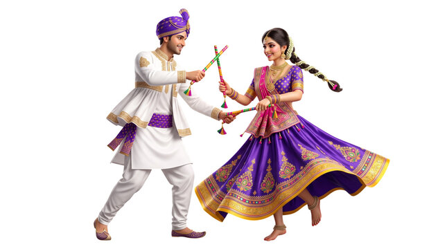 Couple performing traditional dandiya raas dance isolated on transparent background