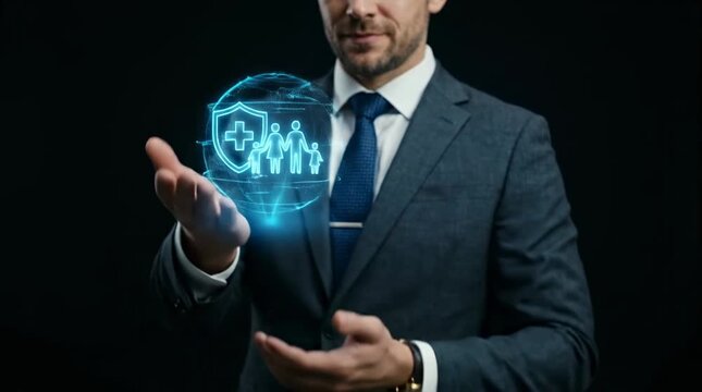 Businessman interacting with holographic medical insurance icon