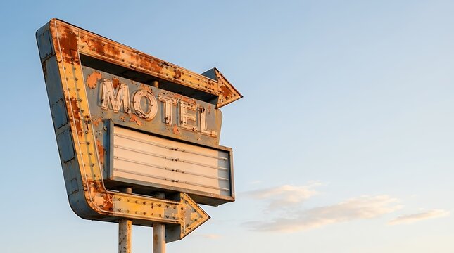 A retro rusty motel sign with vintage neon lights and bulbs evoking a nostalgic and classic American roadside aesthetic perfect for themes of travel Americana and the open road. retro rusty motel