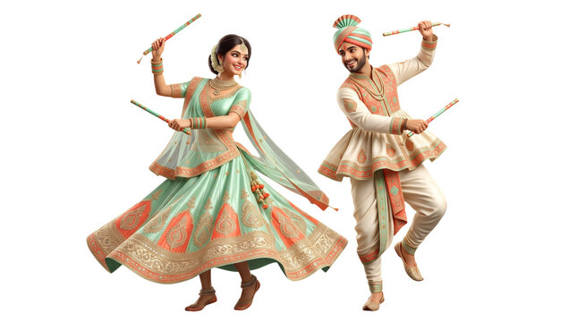Couple dancing garba with dandiya sticks isolated on transparent background