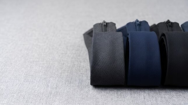 Group of zipper neckties paired together side by side in close-up view representing fashion accessories and formal wear group of zipper neckties pairing together side by side close-up view blue group