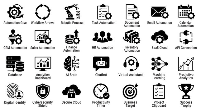 Digital transformation icons array presenting black vector symbols for enterprise software, cybersecurity, automation, and project management.
