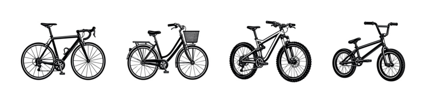 Collection of diverse bicycle types including road, city, mountain, and BMX styles