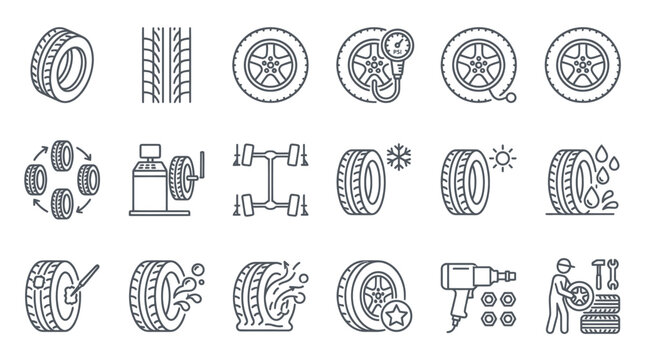 Tire service and wheel maintenance line icons.
