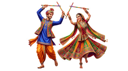 Fototapeta premium Couple performing traditional garba dance isolated on transparent background