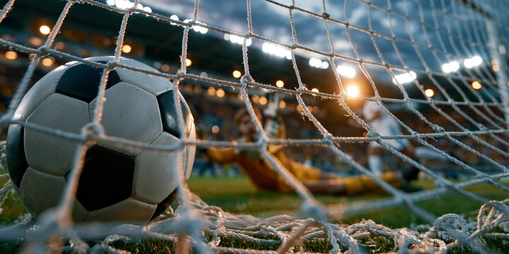 Close-up of a football in the goal mesh on green grass, capturing the moment after a perfect score.