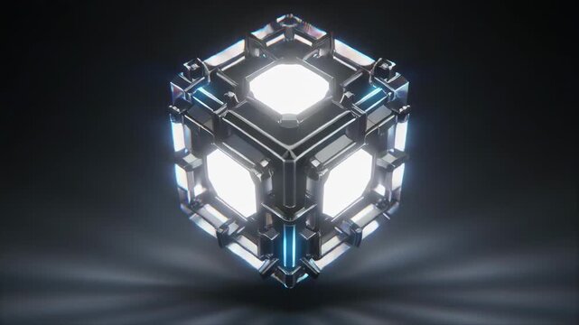 Futuristic glowing energy cube with dynamic light effects rotating in dark space