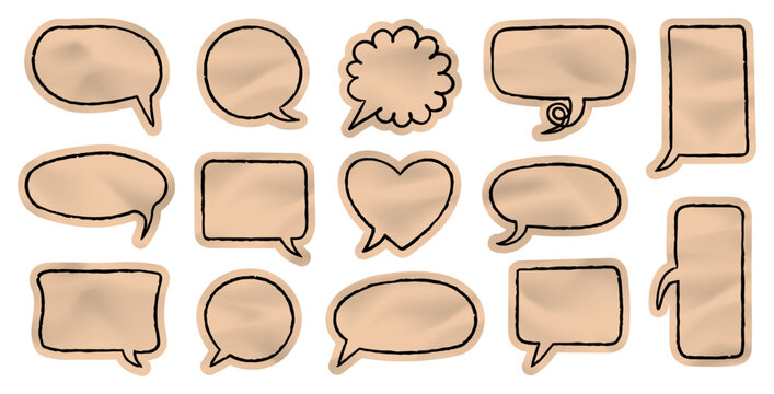 Hand drawn scrapbook speech bubble sticker set with crumpled paper texture. Decorative message labels for journaling, planners, collage, stationery, scrapbooking and creative vector design.