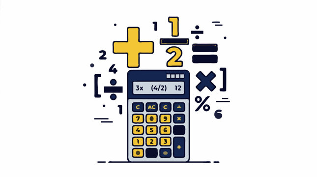 Flat design vector illustration of a calculator surrounded by math symbols and numbers on a white background.