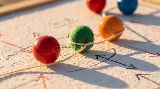 Conceptual image of colorful spheres linked by twine string on textured background with arrow signs