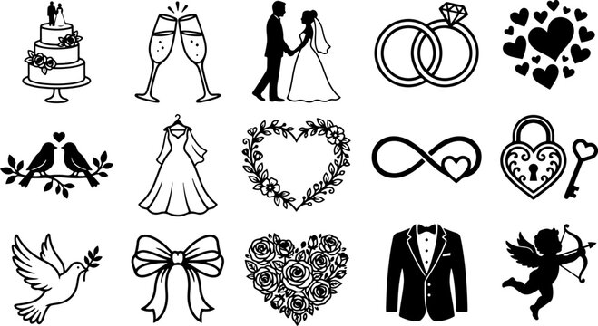 Wedding and romantic love symbols collection in black and white with marriage ceremony celebration infinity engagement partnership devotion