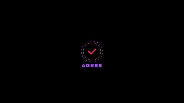 Neon agree button icons with checkmarks and glowing circles on transparent background