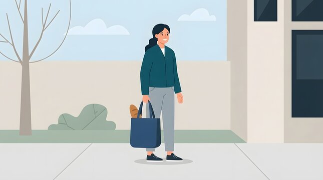 Woman Carrying Shopping Bag: A woman walks on a sidewalk holding a blue shopping bag filled with groceries, appearing content and carrying out a daily errand.