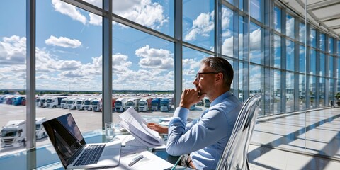 Naklejka premium Thoughtful businessman in blue shirt sits at glass desk overlooking truck depot, reviewing documents with a laptop.