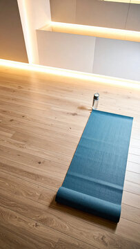 Blue yoga mat on wooden floor in modern room with warm lighting and clean minimalist design