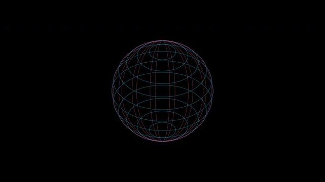 Neon wireframe cyber spheres rotating on transparent background with alpha channel overlay