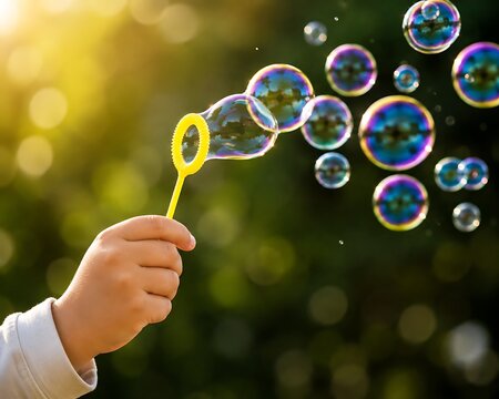 A close up of a childs hand holding a yellow bubble wand blowing colorful soap bubbles outdoors in summer