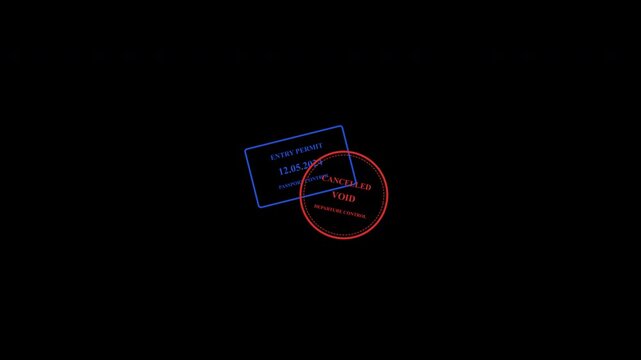 Passport entry permit and cancelled void stamp animation on transparent background