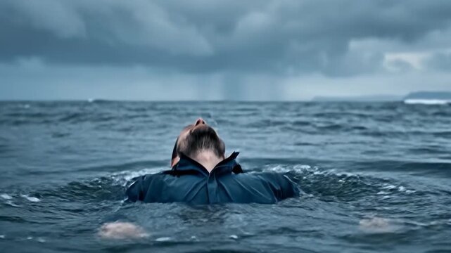A bearded white man in white clothes. He looks up at the cloudy sky.Survival at sea.