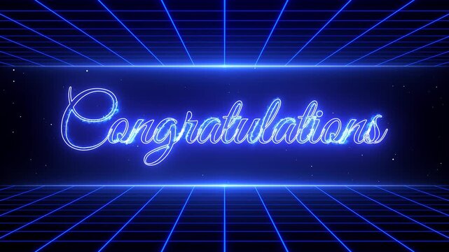 Neon Congratulations Script Typography with Retro Grid Background Animation