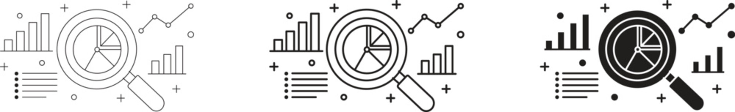 Financial market research, pie chart and data analytics editable line art icon outline and solid style vector illustration .