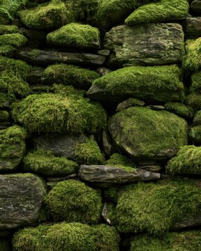 A mossy green stone wall stands with soft light reflecting on its organic texture, providing a natural backdrop with room for text.