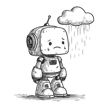 Sad robot in rain illustration