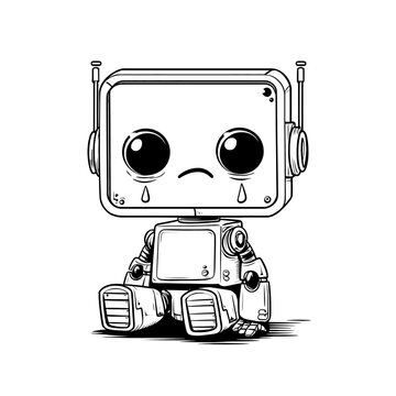 Cute Sad Robot Character Black and White Line Art