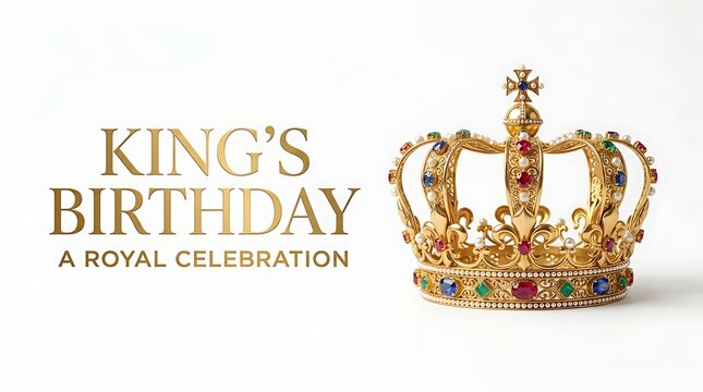 King's Birthday royal celebration card, ornate gold crown with jewels on white background, majestic monarchy greeting design
