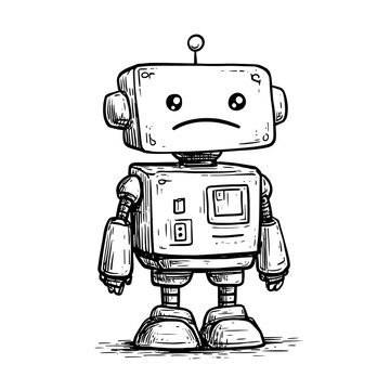 Sad little robot hand drawn sketch illustration