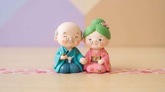 Japanese elderly couple figurines in traditional kimono, cute senior man and woman clay dolls, miniature grandparents characters