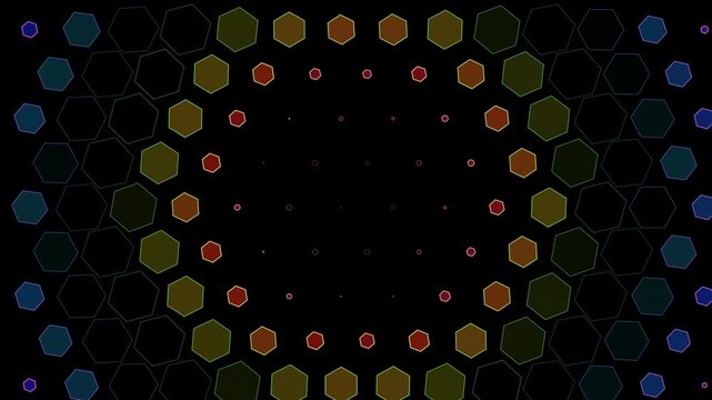 Pulsing colorful honeycomb hexagon grid animation with isolated alpha channel background