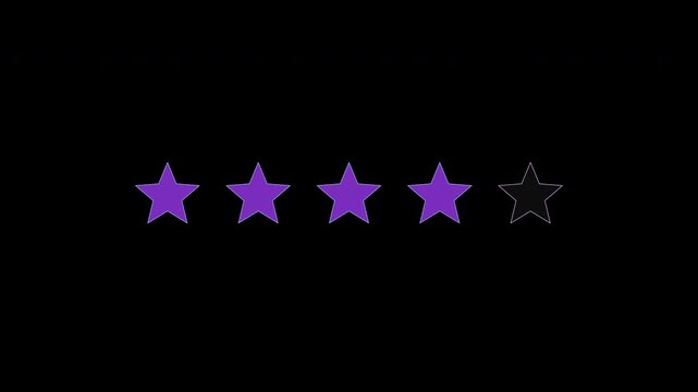Purple five star rating icons filling up for customer feedback and product reviews on alpha channel