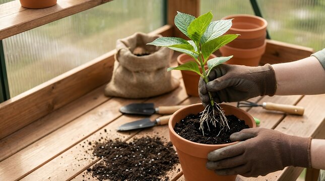 A close-up of a gardener putting a rooted bigleaf hydrangea cutting into a pot with soil a detailed scene of propagation and transplanting in spring at home representing growth and gardening. close