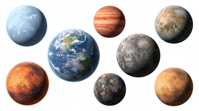 Solar System Planets Collection Set Including Earth Mars Jupiter and Moon Isolated on White Background