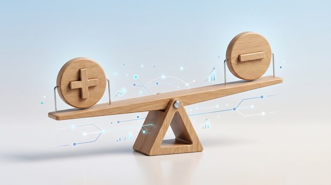 Wooden seesaw scale balancing plus and minus signs with digital data