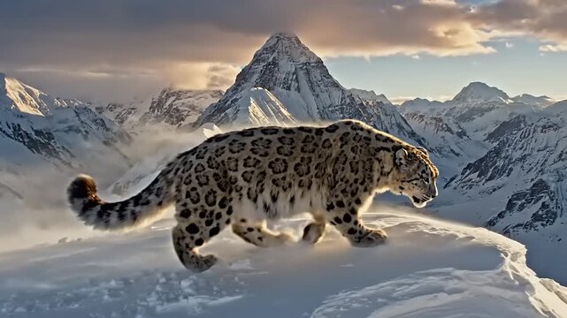 Snow leopard walking along a snowy mountain ridge with peaks in the background during daylight hours.