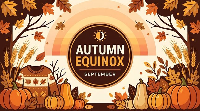 Autumn Equinox September banner, retro fall harvest illustration with pumpkins and leaves, seasonal celebration graphic