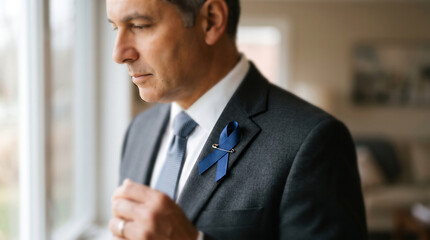 Fototapeta premium Man in suit wearing blue awareness ribbon pin by window