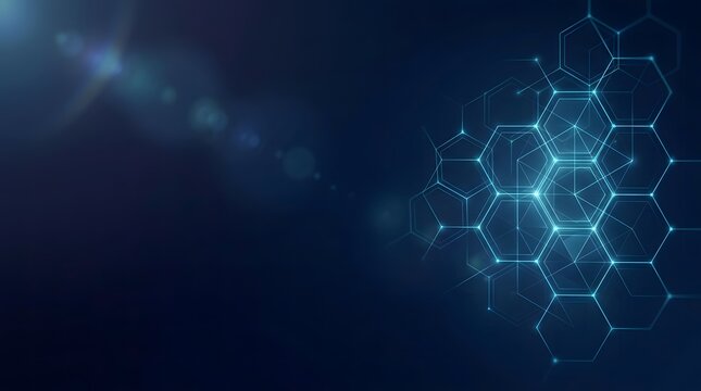 Abstract digital background with glowing blue hexagonal structures and light lens flare effects for technology concepts