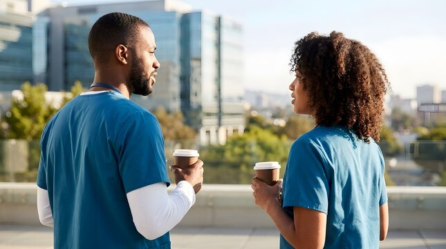 Medical workers in blue scrubs talking and holding coffee on a city rooftop during break.