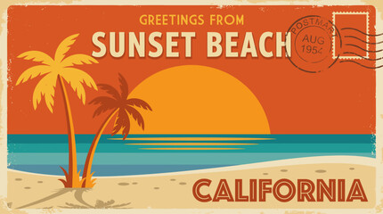 Vintage postcard illustration of a tropical beach with palm trees and a sunset over the ocean, retro travel graphic © Rengga Entertainment
