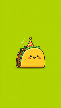 Flat vector taco character wearing a party hat smiling