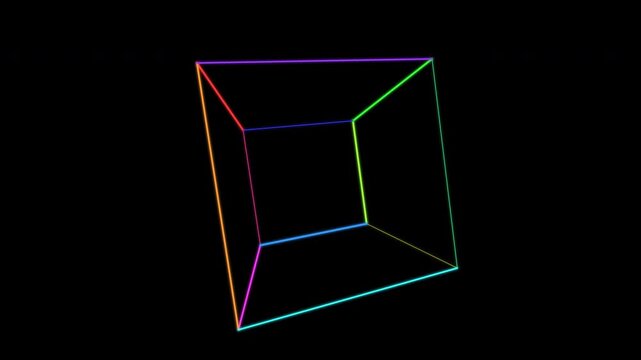 Rainbow neon wireframe cubes rotating in a loop isolated on a transparent background
