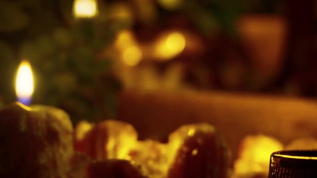 A small gathering takes place in a home. Lights glow softly as people enjoy fruit and drinks. The atmosphere feels warm and inviting, with decorations around.
