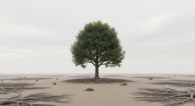 Single green tree standing in a deforested barren landscape with stumps and fallen branches under a cloudy sky.